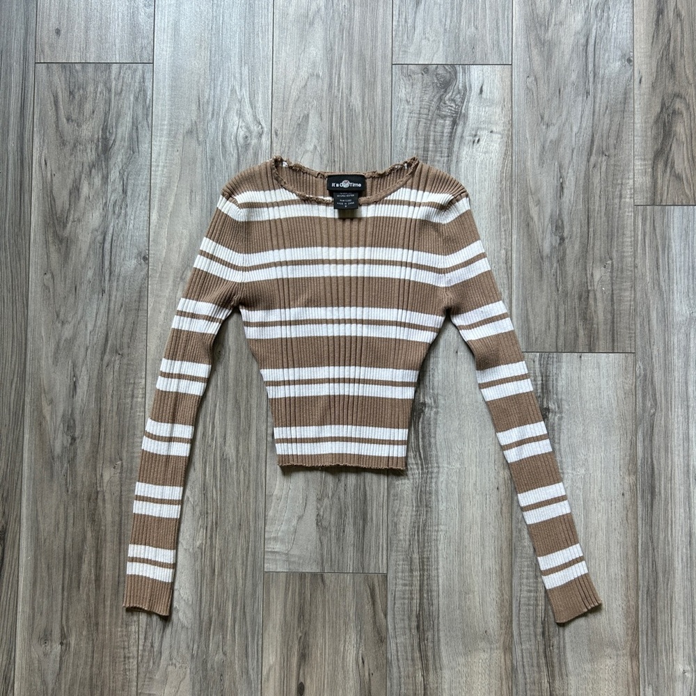 It’s Our Time Brown and White Striped Cropped Sweater